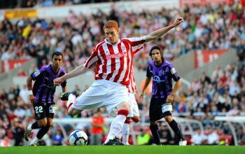 STOKE, ENGLAND - AUGUST 07:  Dave Kitson scores the opening goal for Stoke City from the penalty spot during the pre season friendly match between Stoke City and Valladolid at the Britannia Stadium on August 7, 2009 in Stoke, England.  (Photo by Michael R