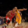 LOS ANGELES, CA - NOVEMBER 18:  Derrick Rose #1 of the Chicago Bulls drives past Derek Fisher #2 of the Los Angeles Lakers on November 18, 2008 at Staples Center in Los Angeles, California.  The Lakers won 116-109.    NOTE TO USER: User expressly acknowle
