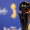 ORLANDO, FL - JUNE 14:  The Bill Russell MVP trophy is shown as Kobe Bryant #24 of the Los Angeles Lakers speaks to the media after the Lakers defeated the Orlando Magic in Game Five of the 2009 NBA Finals on June 14, 2009 at Amway Arena in Orlando, Flori