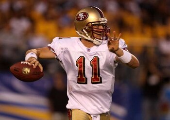 SAN DIEGO - AUGUST 30:  Quarterback Alex Smith #11 of the San Francisco 49ers throws a pass against the San Diego Chargers in a preseason game at Qualcomm Stadium August 30, 2007 in San Diego, California.  (Photo by Stephen Dunn/Getty Images)