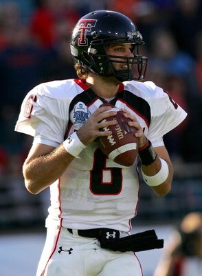 JACKSONVILLE, FL - JANUARY 01:  Graham Harrell #6 of the Texas Tech Raiders drops back to pass during the Gator Bowl against the Virginia Cavaliers at Jacksonville Municipal Stadium on January 1, 2008 in Jacksonville, Florida.  (Photo by Sam Greenwood/Get