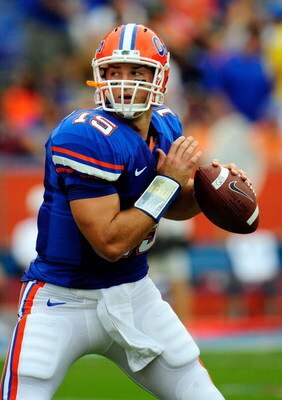 GAINESVILLE, FL - SEPTEMBER 5:  Quarterback Tim Tebow #15 of the Florida Gators sets up to throw during warm-up prior to the game against the Charleston Southern Buccaneers at Ben Hill Griffin Stadium on September 5, 2009 in Gainesville, Florida.  (Photo 