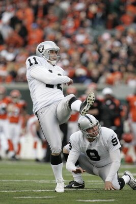 CINCINNATI - DECEMBER 10:  Kicker Sebastian Janikowski #11 of the Oakland Raiders kicks a field goal against the Cincinnati Bengals on December 10, 2006 at Paul Brown Stadium in Cincinnati, Ohio. The Bengals defeated the Raiders 27-10. (Photo by David Max