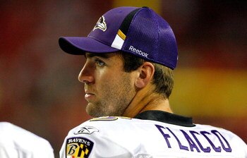ATLANTA - SEPTEMBER 03:  Quarterback Joe Flacco #5 of the Baltimore Raves watches from the sidelines against the Atlanta Falcons at Georgia Dome on September 3, 2009 in Atlanta, Georgia.  (Photo by Kevin C. Cox/Getty Images)
