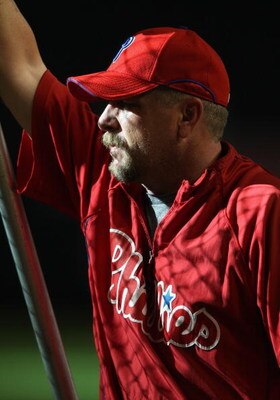 PHOENIX - JULY 29:  Matt Stairs #12 of the Philadelphia Phillies warms up before the major league baseball game against the Arizona Diamondbacks at Chase Field on July 29, 2009 in Phoenix, Arizona. The Diamondbacks defeated the Phillies 4-0.  (Photo by Ch