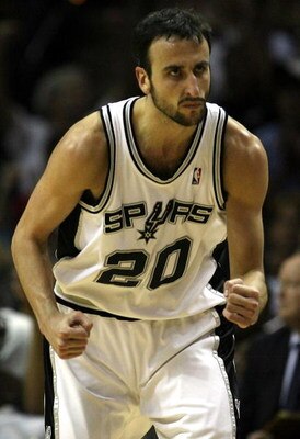 SAN ANTONIO - MAY 15:  Guard Manu Ginobili #20 of the San Antonio Spurs reacts after making a shot against the New Orleans Hornets in Game Six of the Western Conference Semifinals during the 2008 NBA Playoffs at the AT&T Center on May 15, 2008 in San Anto