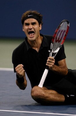 NEW YORK - SEPTEMBER 09:  Roger Federer of Switzerland celebrates after defeating Novak Djokovic of Serbia by a score of 7-6(4), 7-6(2), 6-4 to win the Men's Singles Final on day fourteen of the 2007 U.S. Open in Arthur Ashe Stadium at the Billie Jean Kin