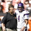 CLEVELAND - SEPTEMBER 13:  Brett Farve #4 of the Minnesota Vikings hugs Eric Mangini head coach of the Cleveland Browns prior to their game against the Cleveland Browns at Cleveland Browns Stadium on September 13, 2009 in Cleveland, Ohio.  (Photo by Matt 