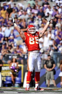 BALTIMORE - SEPTEMBER 13:  Sean Ryan #89 of the Kansas City Chiefs celebrates his touchdown against the Baltimore Ravens at M&T Bank Stadium on September 13, 2009 in Baltimore, Maryland. The Ravens defeated the Chiefs 38-24. (Photo by Larry French/Getty I