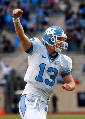 DURHAM, NC - NOVEMBER 29:  Quarterback T.J. Yates #13 of the North Carolina Tar Heels celebrates after a touchdown against the Duke Blue Devils during the game at Wallace Wade Stadium on November 29, 2008 in Durham, North Carolina.  (Photo by Kevin C. Cox