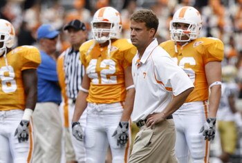 KNOXVILLE, TN - SEPTEMBER 12: Lane Kiffin, head coach of the Tennessee Volunteers before a game against the UCLA Bruins on September 12, 2009 at Neyland Stadium in Knoxville, Tennessee. UCLA beat Tennessee 19-15. (Photo by Joe Murphy/Getty Images)