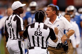NEW ORLEANS - SEPTEMBER 13:  Head coach Jim Schwartz of the Detroit Lions argues a call with the referees during the game against the New Orleans Saints at the Louisiana Superdome on September 13, 2009 in New Orleans, Louisiana. The Saints defeated the Li