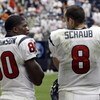 HOUSTON - SEPTEMBER 13:  Wide receiver Andre Johnson #80 and quarterback Matt Schaub of the Houston Texans watch the final moments from the sidelines at Reliant Stadium on September 13, 2009 in Houston, Texas.  (Photo by Bob Levey/Getty Images)