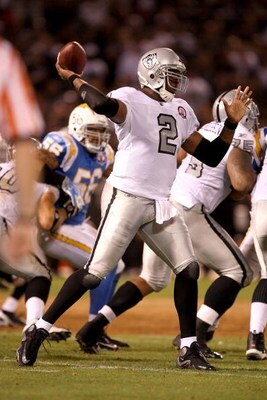 OAKLAND, CA - SEPTEMBER 14:  JaMarcus Russell #2 of the Oakland Raiders passes the ball during their game against the San Diego Chargers on September 14, 2009 at the Oakland-Alameda County Coliseum in Oakland, California.  (Photo by Ezra Shaw/Getty Images