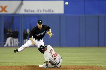 TORONTO - APRIL 6: Aaron Hill #2 of the Toronto Blue Jays makes a double play as he throws out David Ortiz #34 of the Boston Red Sox during their MLB game at the Rogers Centre April 6, 2008 in Toronto, Ontario. (Photo By Dave Sandford/Getty Images)