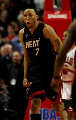 CHICAGO - FEBRUARY 12: Shawn Marion #7 of the Miami Heat celebrates hitting the game-winning shot against the Chicago Bulls on February 12, 2009 at the United Center in Chicago, Illinois. The Heat defeated the Bulls 95-93. NOTE TO USER: User expressly ack